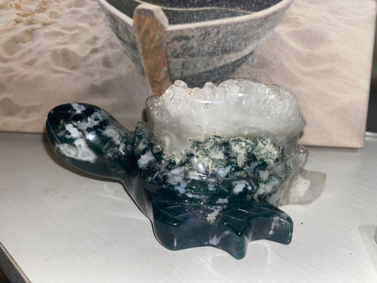 Moss Agate Turtle Carving with Geode top